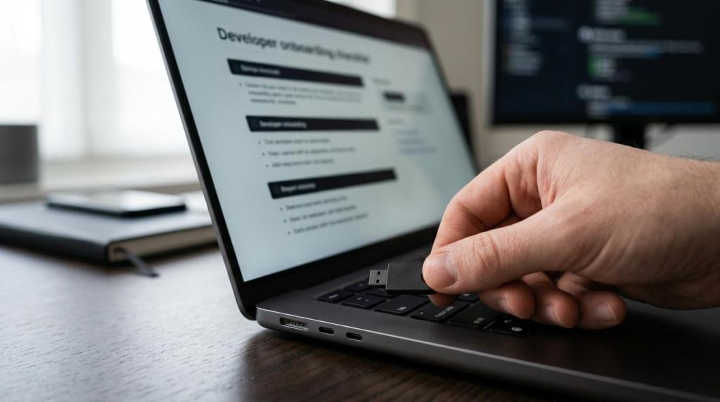 USB security key and a laptop showing a developer onboarding checklist on a desk