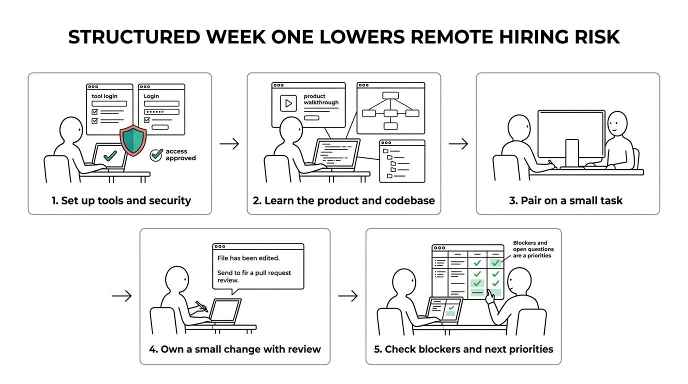 Five-step first-week remote developer onboarding timeline from setup and security briefing to independent work and a weekly checkpoint.